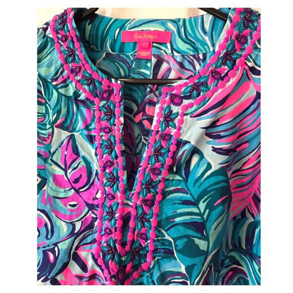 Lilly Pulitzer Large Embroidered Beaded Top Blouse Blue Pink 100% Cotton - Picture 3 of 9